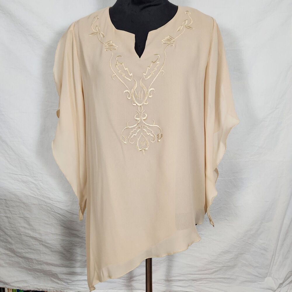 NEW Milano Sheer Embroidered Women Flutter Sleeve Blouse Angled Hem Size XL Top